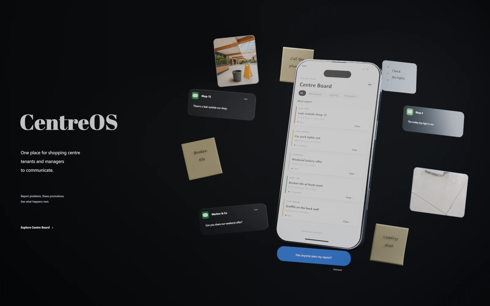 CentreOS hero with the iterated silver phone, messages, notes and shopping centre photos